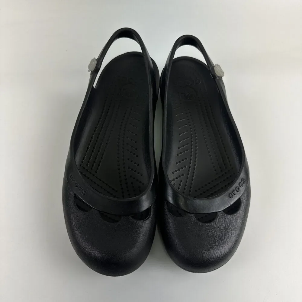 Crocs Jayna Slingback Flat Black Slip On Flower Jewel Comfort Lightweight 7